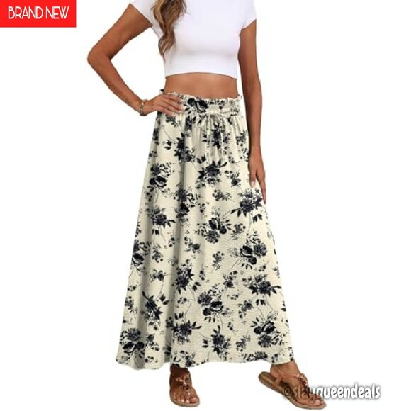 Maxi Skirt with Pockets, Elastic High Waist, Tie Knot, Chiffon, Boho Style - Picture 6 of 7